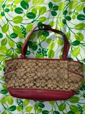 Coach Tote Handbag Park Signiture Carrier J1321-F23297 Large Khaki Red Leather